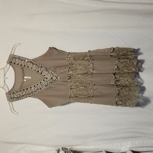 Taupe beaded, tiered sleeveless blouse